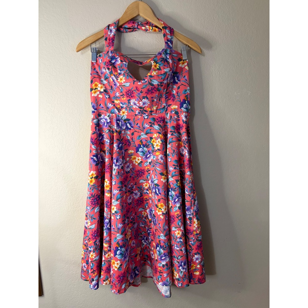 Hearts & Roses London Floral Halter‎ Dress Heart Cutout Pink Rockabilly Size 10